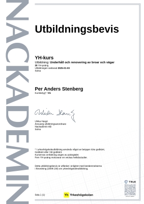 Utbildningsbevis YH-kurs