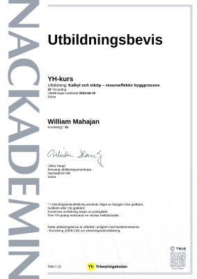 Utbildningsbevis YH-kurs