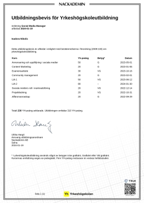 Utbildningsbevis yrkesh&ouml;gskoleutbildning